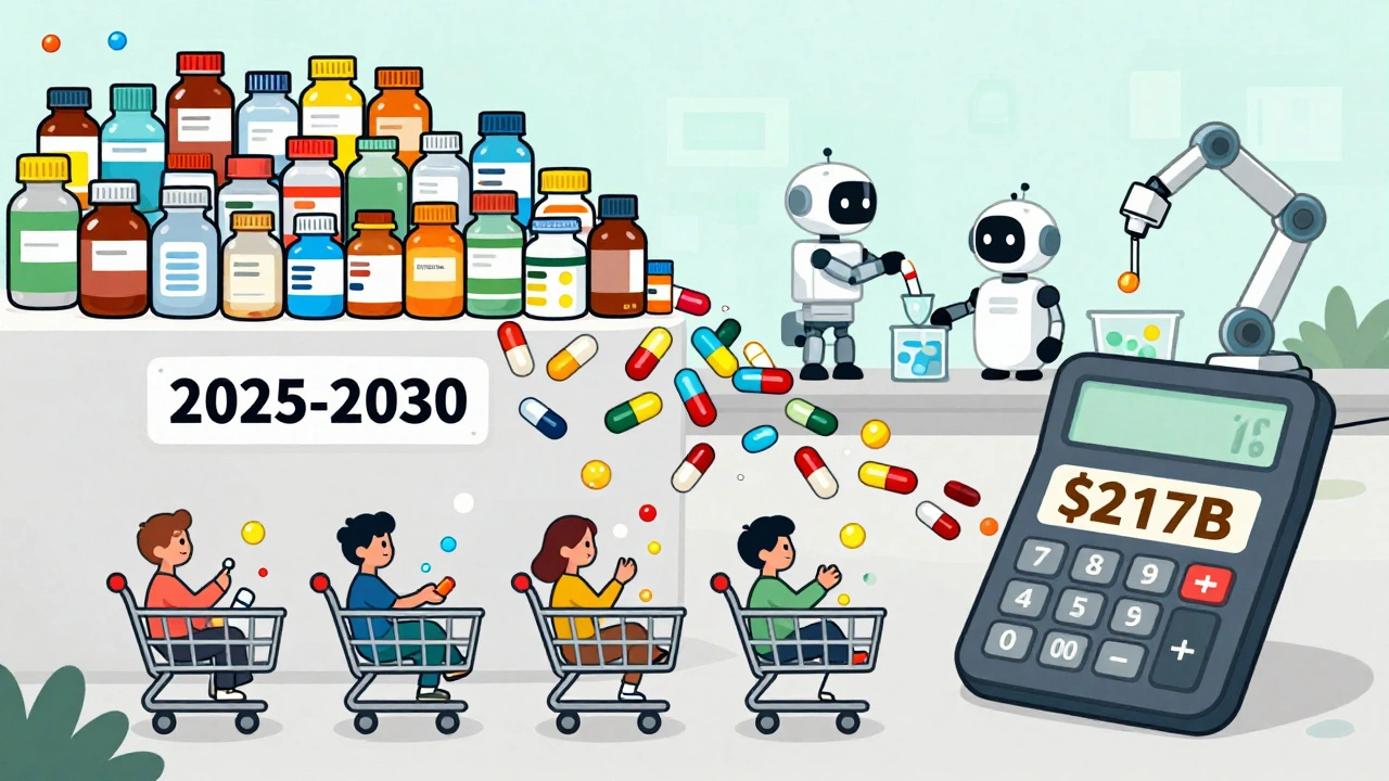 Drug bottles falling off a patent cliff, replaced by generics and biosimilars entering shopping carts across continents.