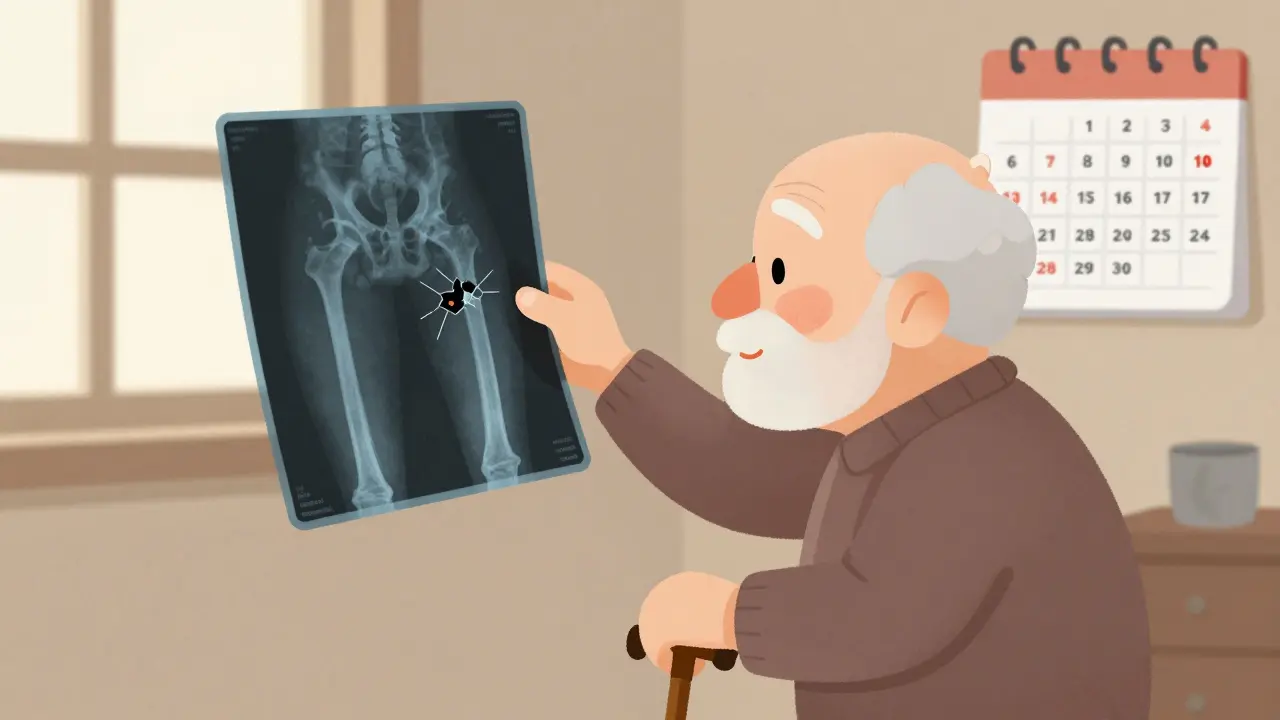 Elderly person holding cane, looking at X-ray of fractured hip with bone loss graphic overlay.