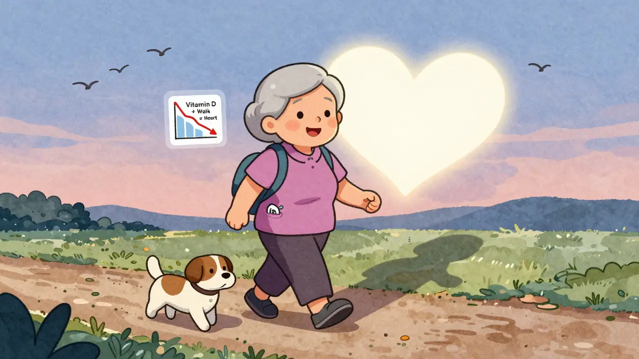 Elderly woman walking with a dog, heart-shaped shadow behind her, cholesterol graph trending down.