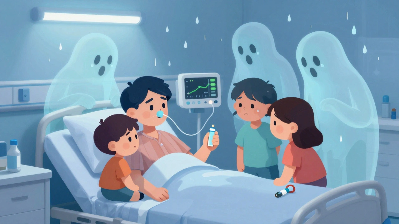 Family beside a hospital bed as breathing monitor flatlines, with drug molecules looming and medical alert bracelet visible.