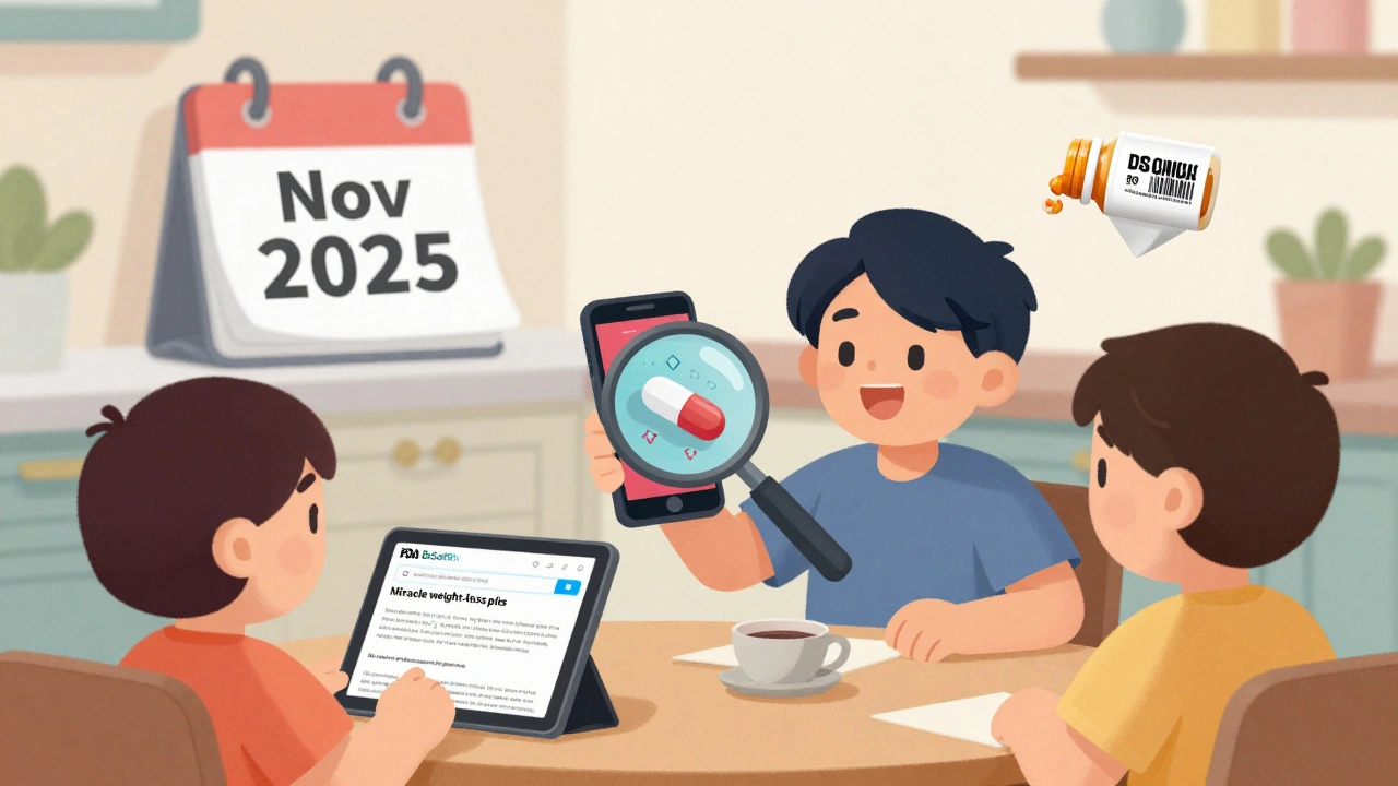 Family reviewing a phone ad for fake pills, checking FDA safety tool, with a magnifying glass revealing hidden dangers in a pill.