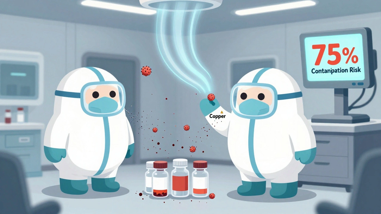 Human figures in cleanroom shedding particles toward medication vials, improper airflow shown