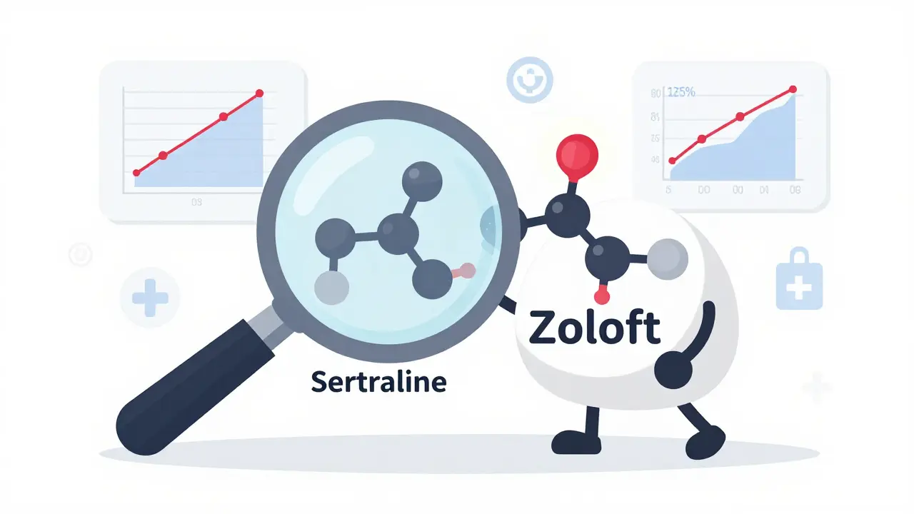 Magnifying glass comparing identical drug molecules with FDA bioequivalence data.