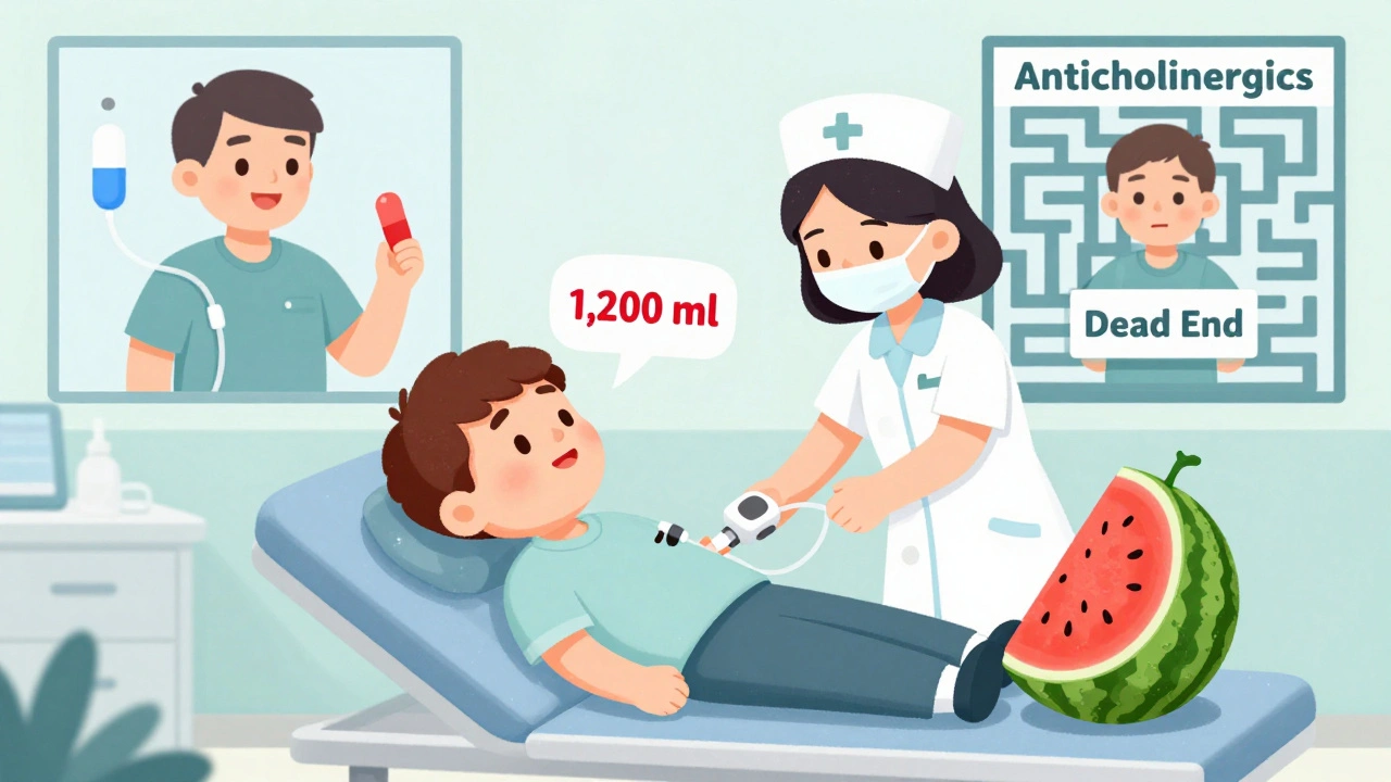 Man in ER being catheterized with giant bladder beside him; split screen shows safe path vs. dead end of risky meds.