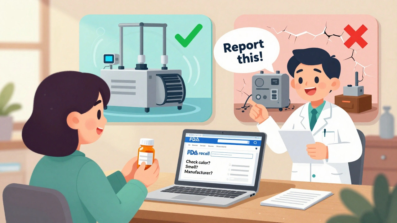 Patient checking FDA recall site with pharmacist, comparing modern vs outdated factories