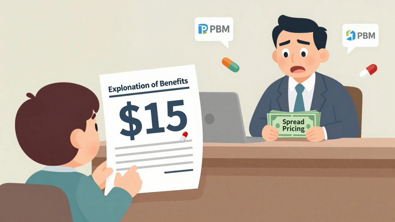 Patient confused by high copay for a cheap generic, while a PBM executive hides money from spread pricing.