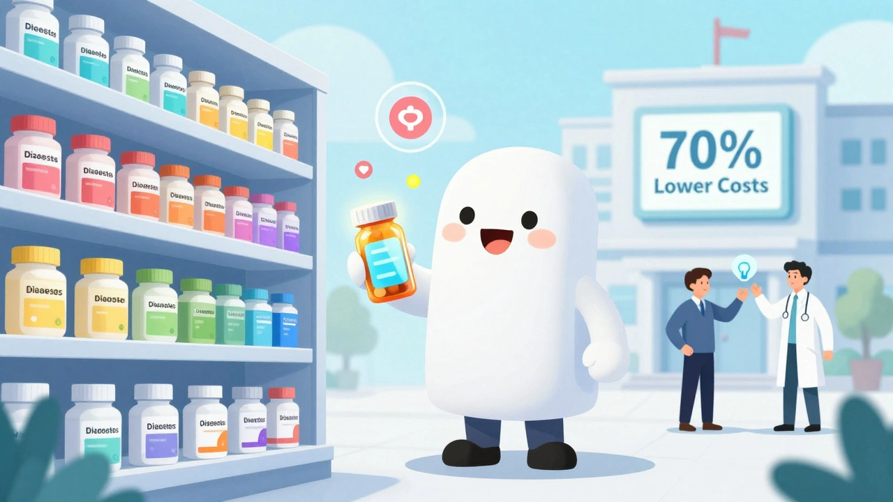 Patient holding a smart pill bottle beside a rainbow shelf of generic medicines, with affordability icons in the background.
