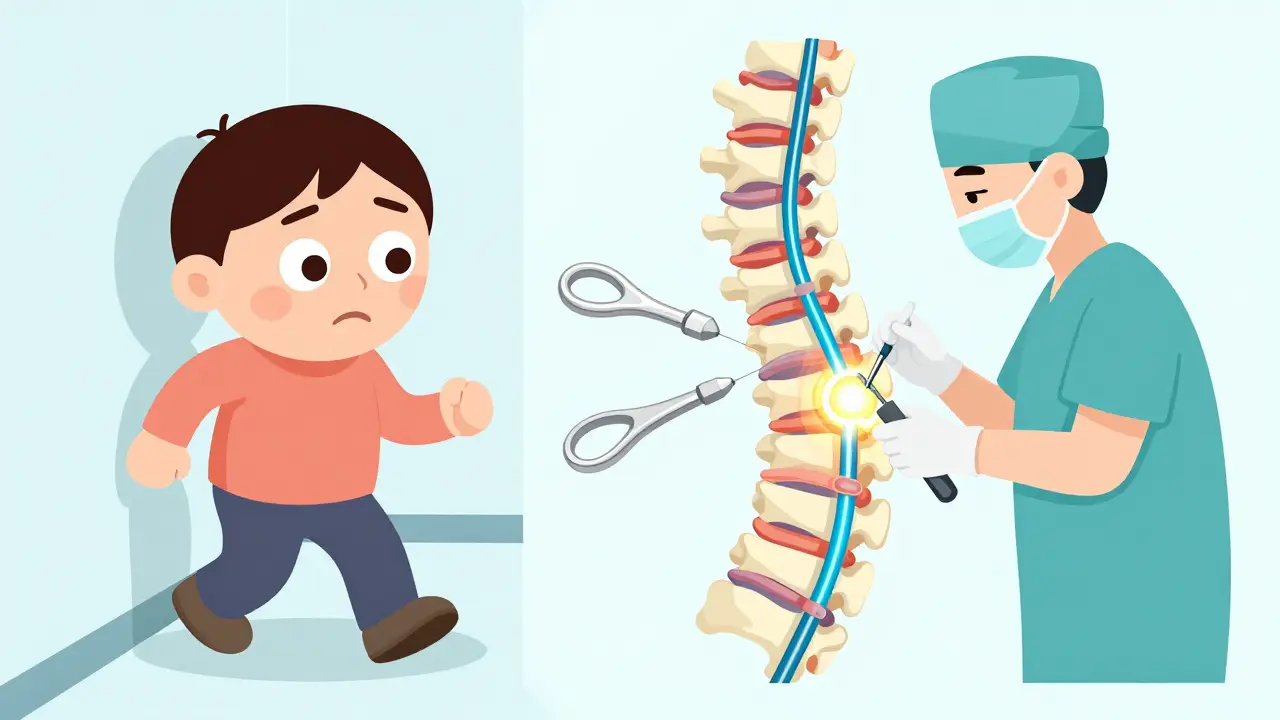 Patient shuffling unsteadily on one side, surgeon implanting an artificial disc on the other.