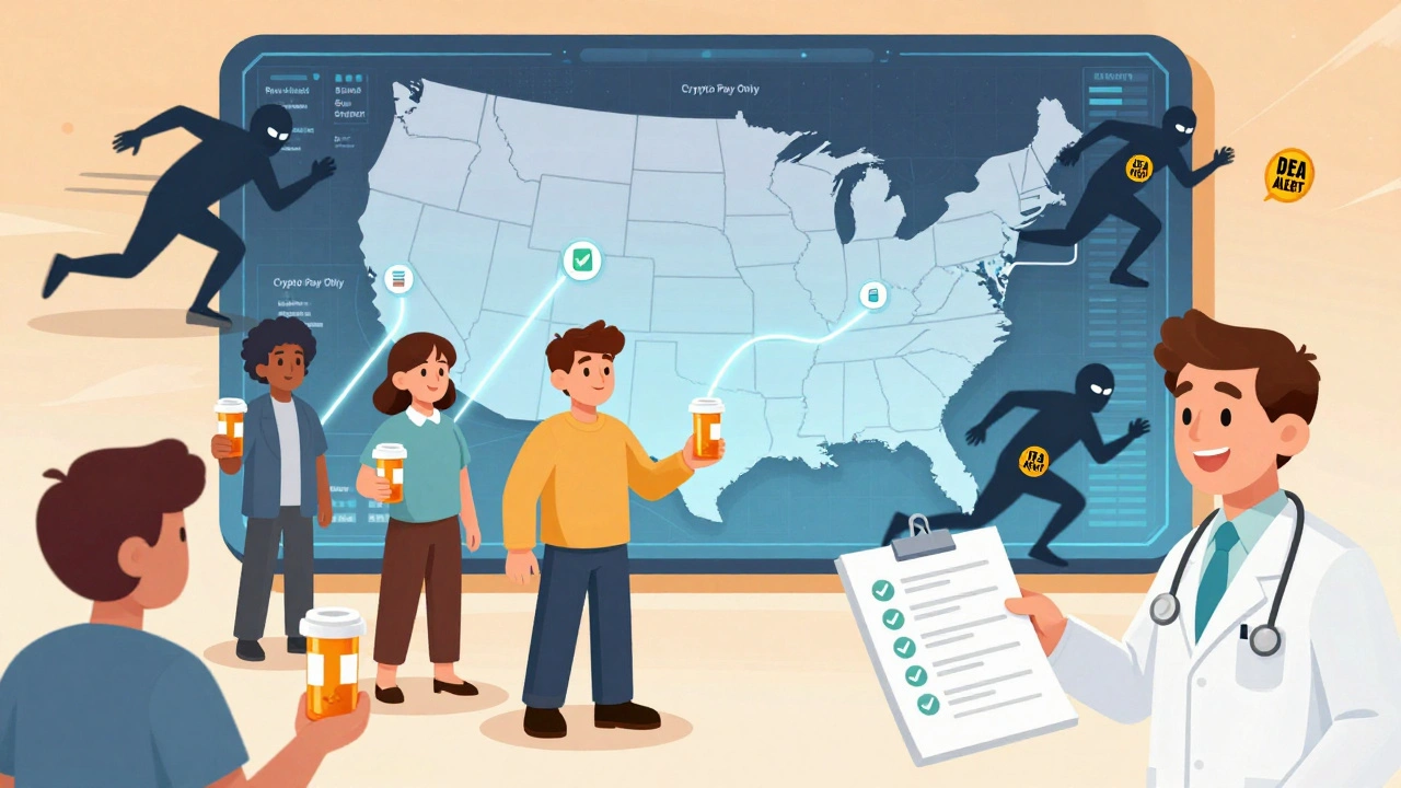 People connected to verified U.S. pharmacies on a map, while fake online pharmacies are chased away by DEA agents.