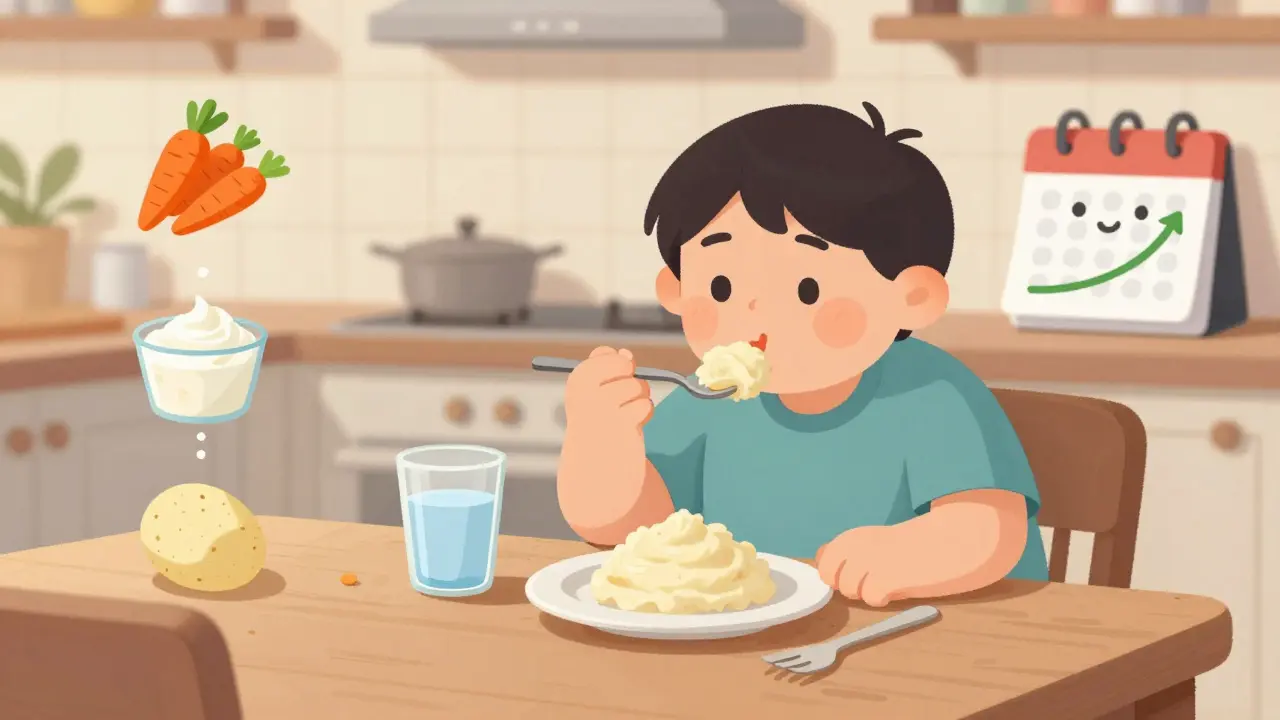 Person eating soft foods at home, with icons showing dietary recovery over time.