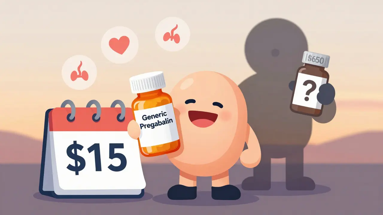 Person happily holding a low-cost generic pill bottle with monthly savings shown.