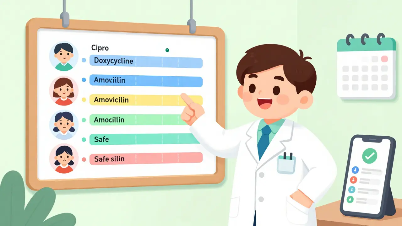 Pharmacist explaining timing chart with colorful antibiotic schedules.