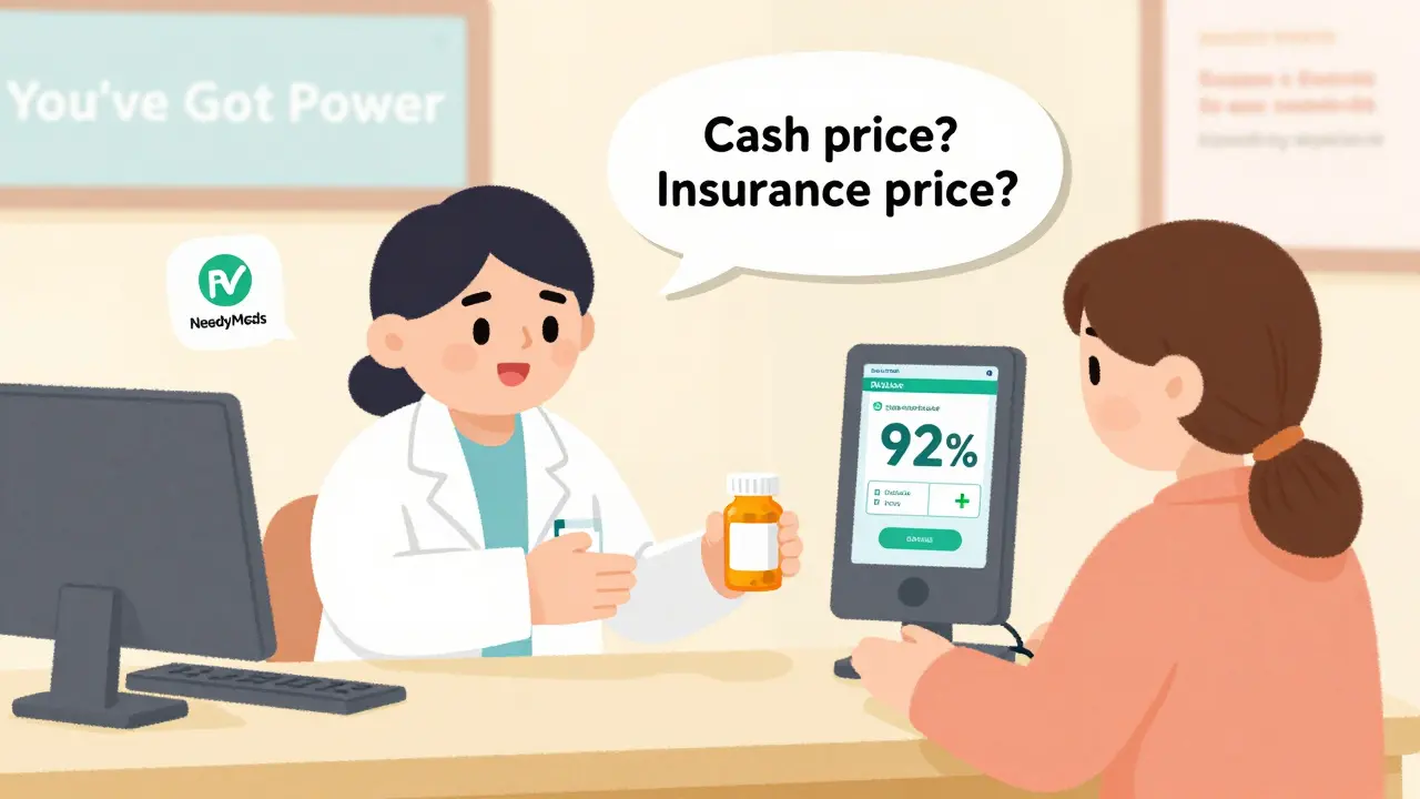 Pharmacist giving medication to customer while digital kiosk shows price comparison for generic drugs.