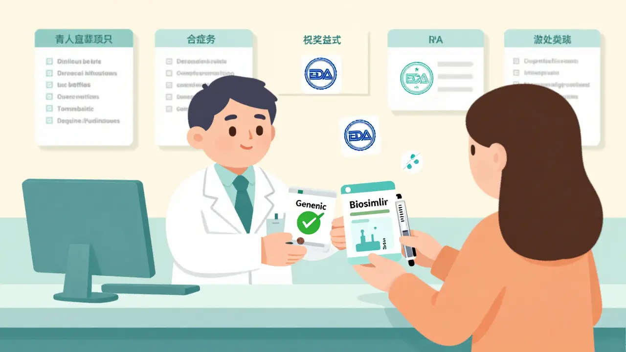 Pharmacist hands patient generic pill and biosimilar injection pen with legal notices in background.