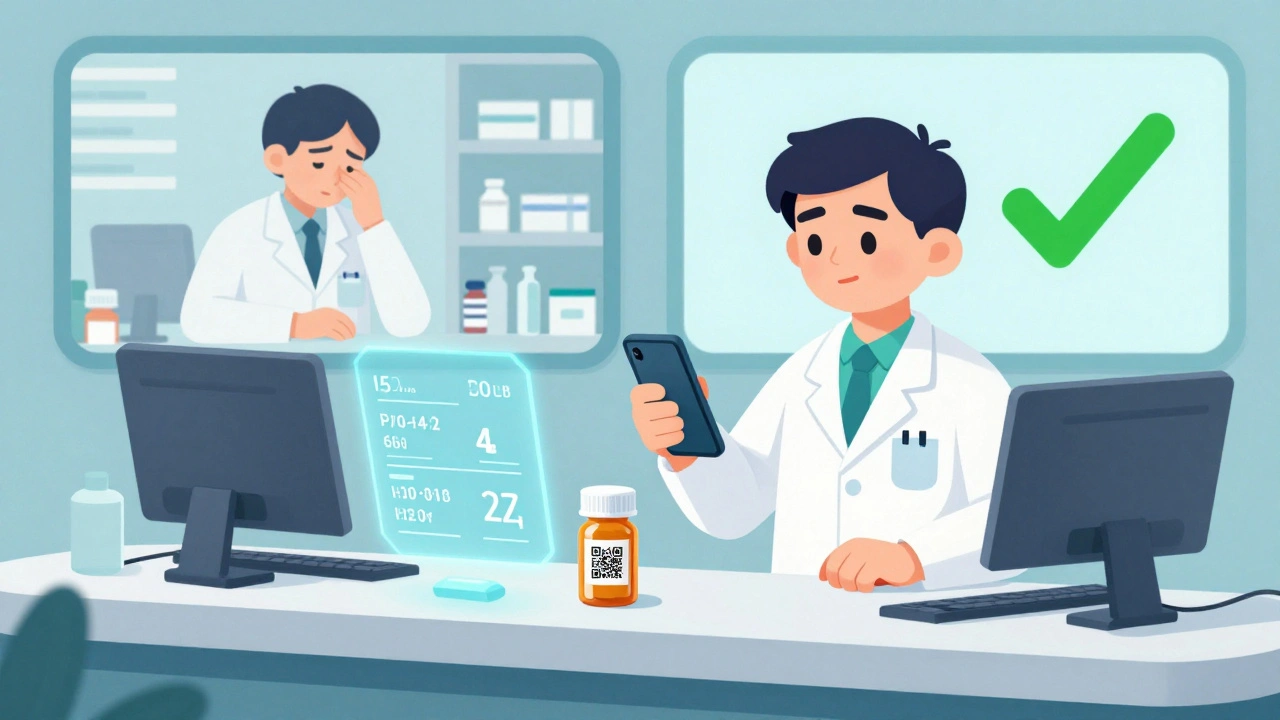 Pharmacist scanning 2D QR code with holographic drug info on smartphone in modern pharmacy