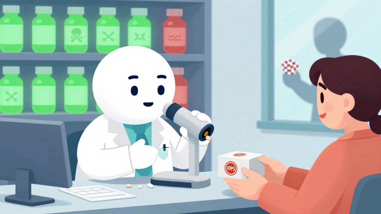 Pharmacist testing a pill with a device, surrounded by bottles labeled real and fake, while a patient hands him a verified box.