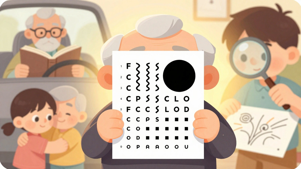 Senior examining a wavy Amsler grid, with memories of past activities fading into present use of a magnifier to see a grandchild&#039;s drawing.