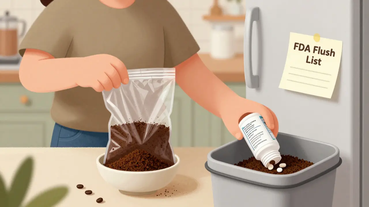 Someone mixing pills with coffee grounds and sealing them in a plastic bag for trash disposal.