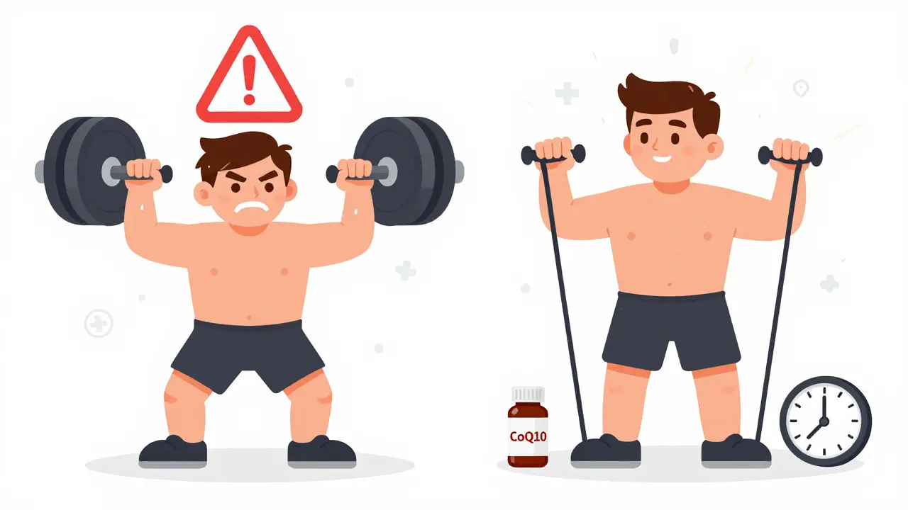 Split image: man struggling with heavy weights vs. same man doing light resistance training safely.