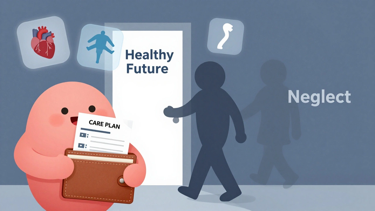 Survivor placing care plan in wallet as floating icons of late effects fade, walking toward a bright future.