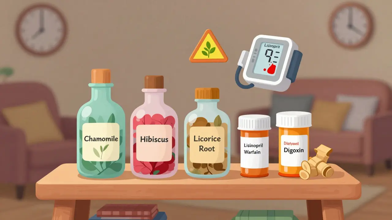 Tea bags and prescription bottles on a shelf with a warning sign and falling blood pressure reading.