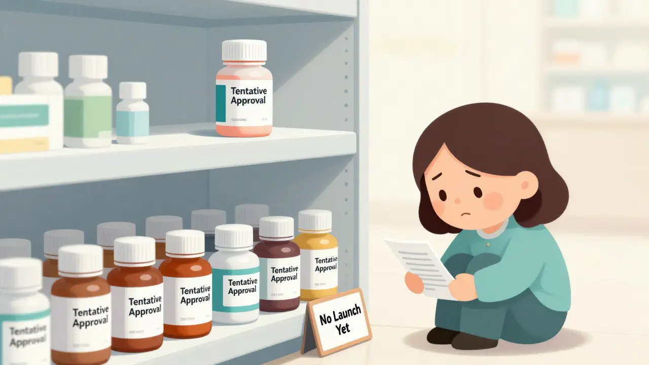 Tentatively approved generic drugs gathering dust on a pharmacy shelf while brand-name drugs dominate.