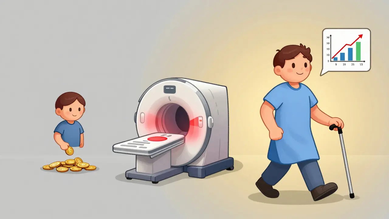 Timeline showing decline to recovery: dropped coins, MRI, then confident walk after surgery.