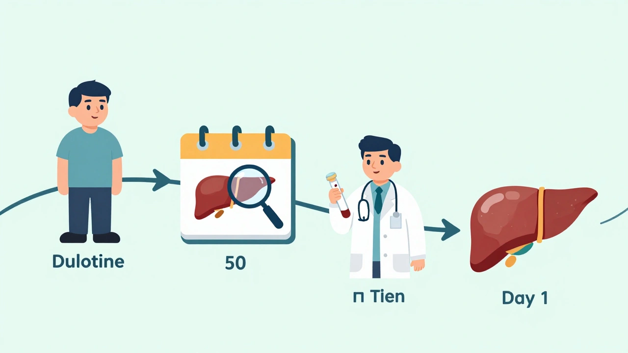 Timeline showing duloxetine use, liver stress at 50 days, and recovery after stopping.