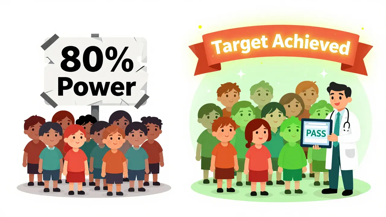 Two clinical trial scenes: one failing with too few participants, one succeeding with proper sample size.
