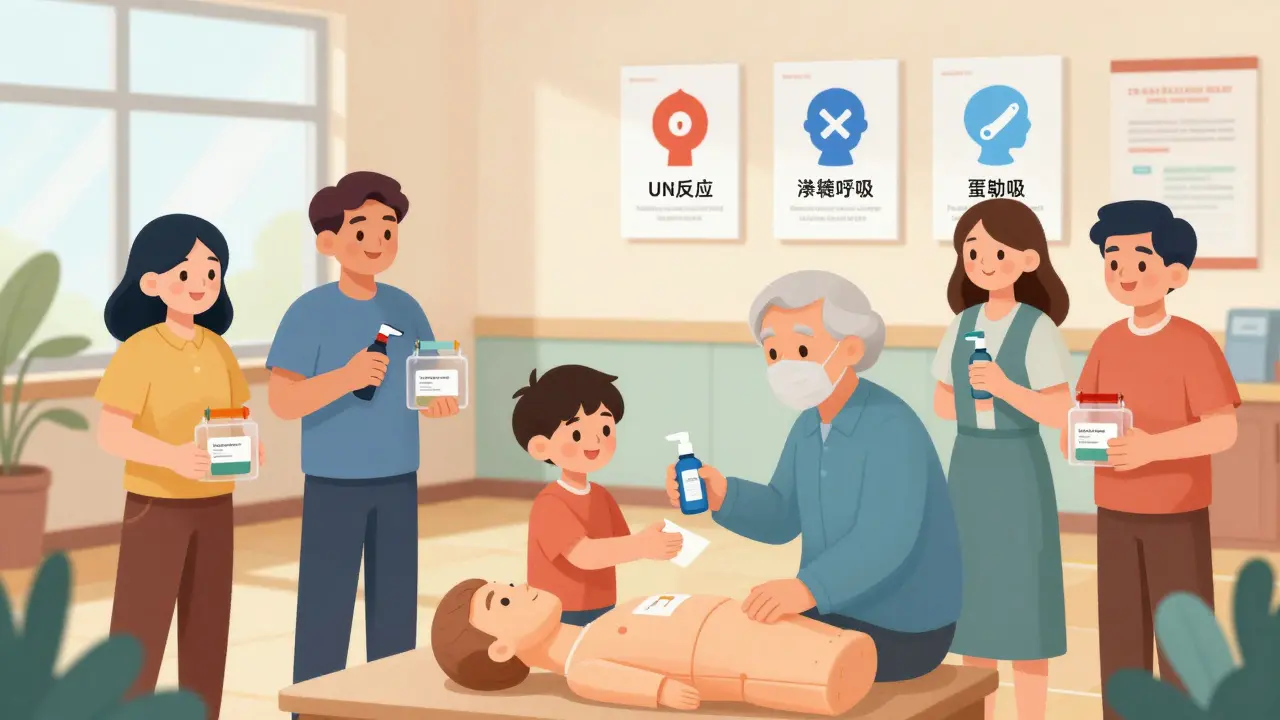 A diverse group practicing with naloxone kits in a community center, smiling and learning how to save lives.