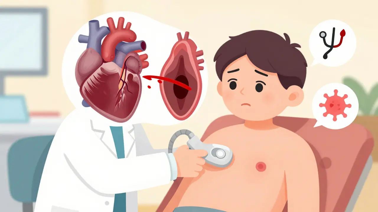 A doctor performing an echocardiogram with visual split-screen of regurgitation and stenosis in the heart.