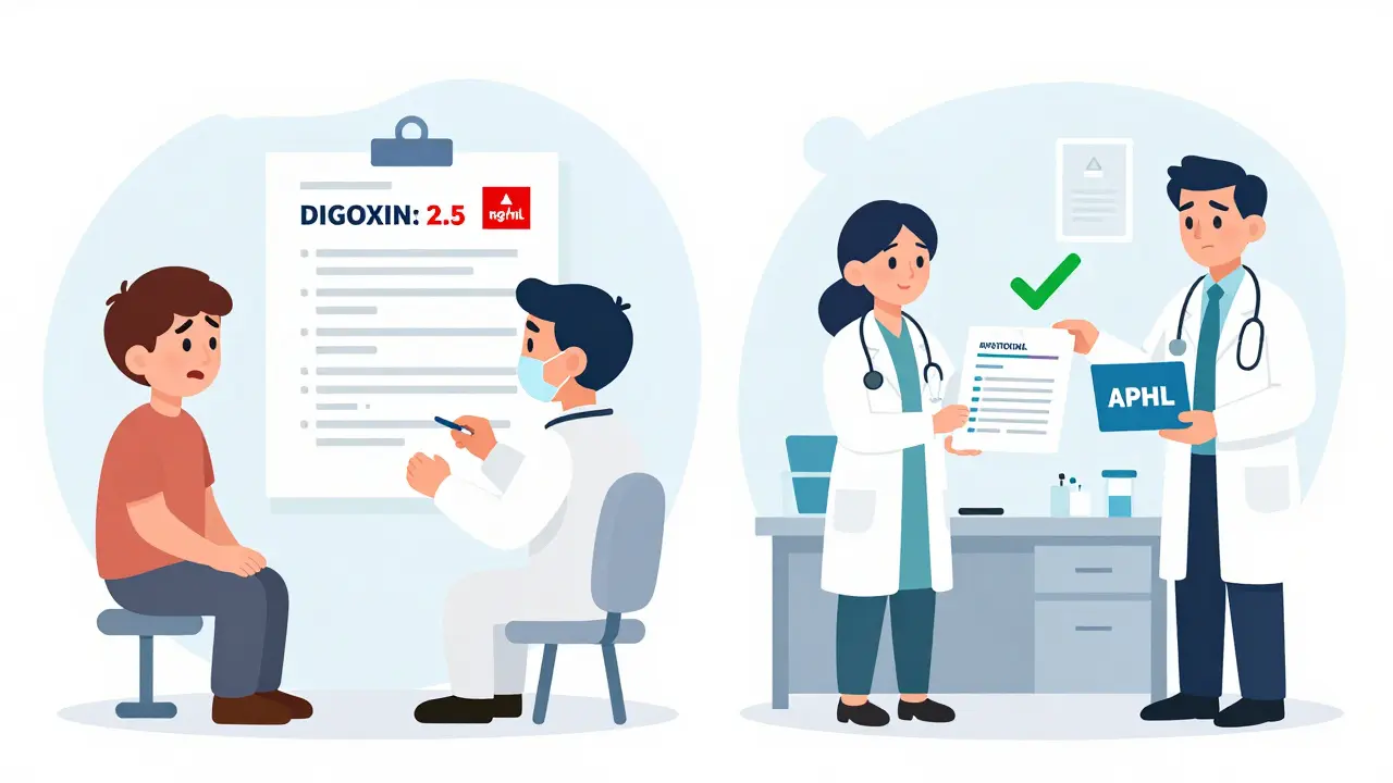 A doctor receives a wrong lab result on one side and a correct one with help on the other, showing the impact of proper test verification.