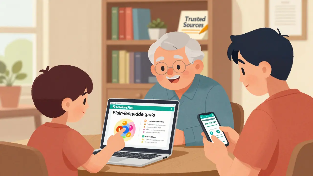 A family learning about medication safety using MedlinePlus and Drugs.com on a laptop and phone at home.