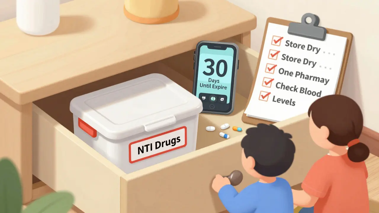 A neatly organized medicine drawer labeled for NTI drugs, with reminders and safety tips shown in cartoon style.