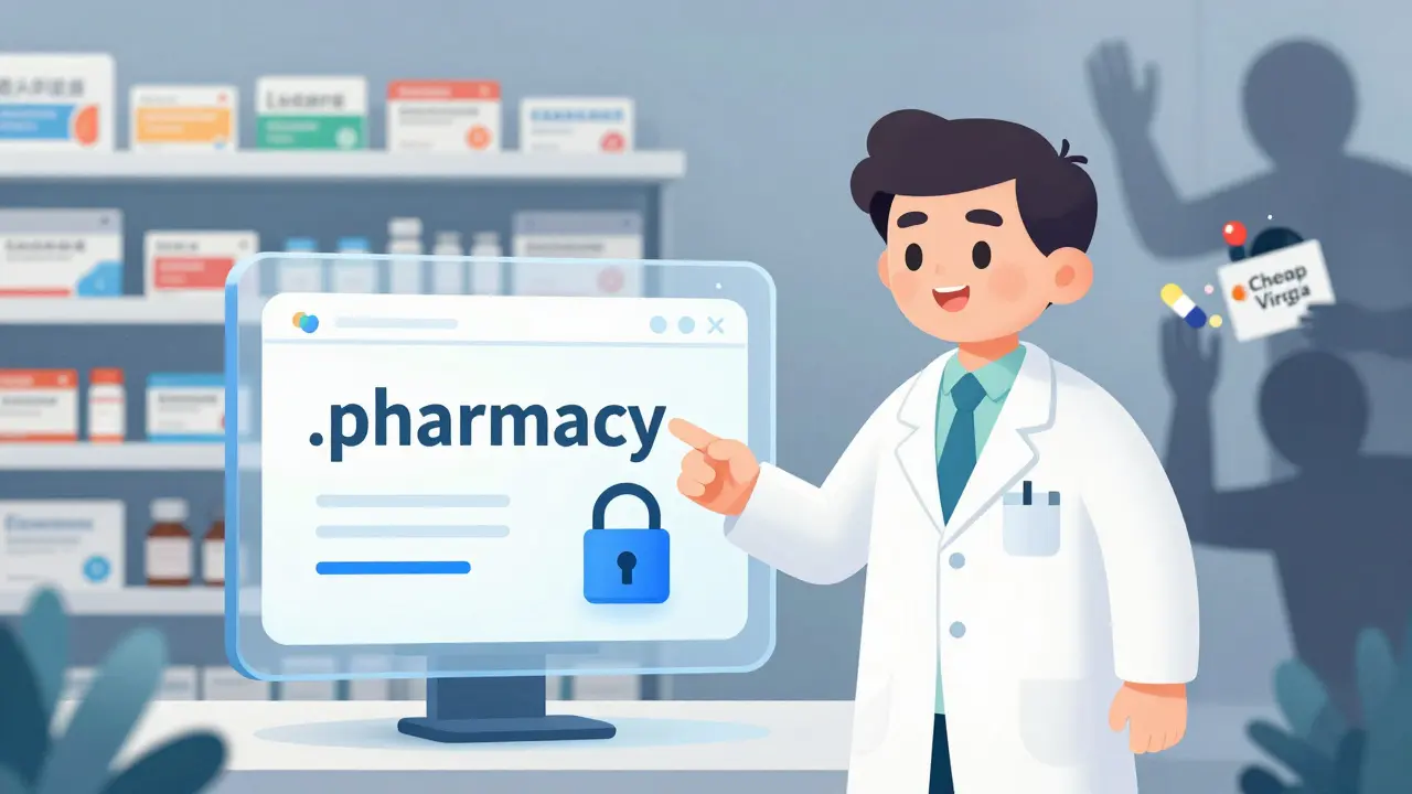 A pharmacist explains secure online pharmacy features like the .pharmacy domain and HTTPS encryption.