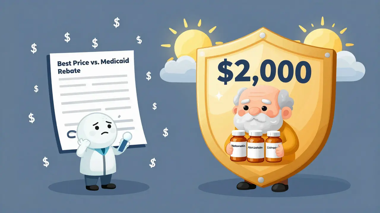 A senior with three generic medications protected by a ,000 Medicare out-of-pocket cap, with rebates raining down.