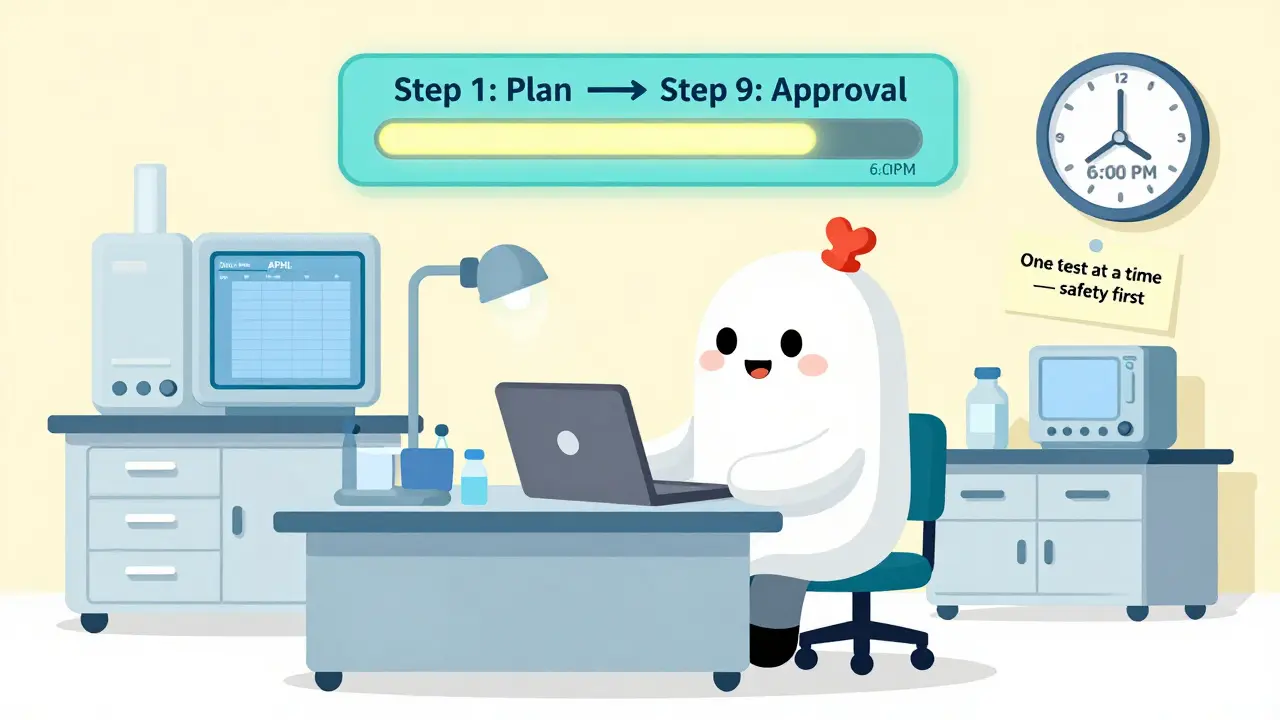 A small hospital technician uses a free template to verify a drug test, surrounded by borrowed equipment and a step-by-step checklist.