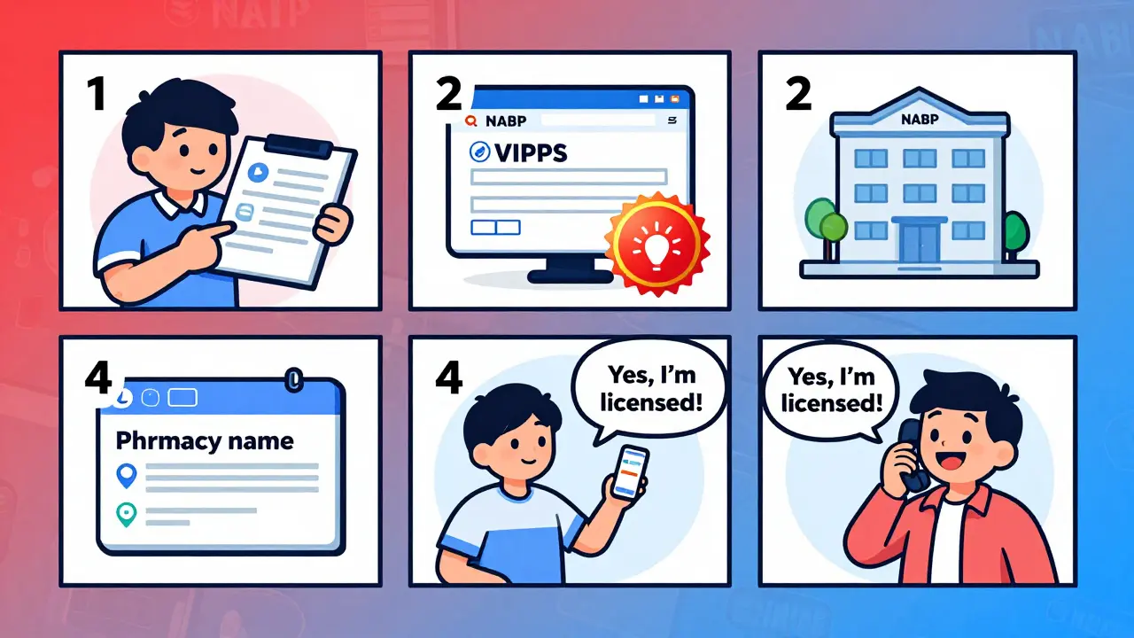 A step-by-step comic showing how to verify a safe online pharmacy in five simple actions.