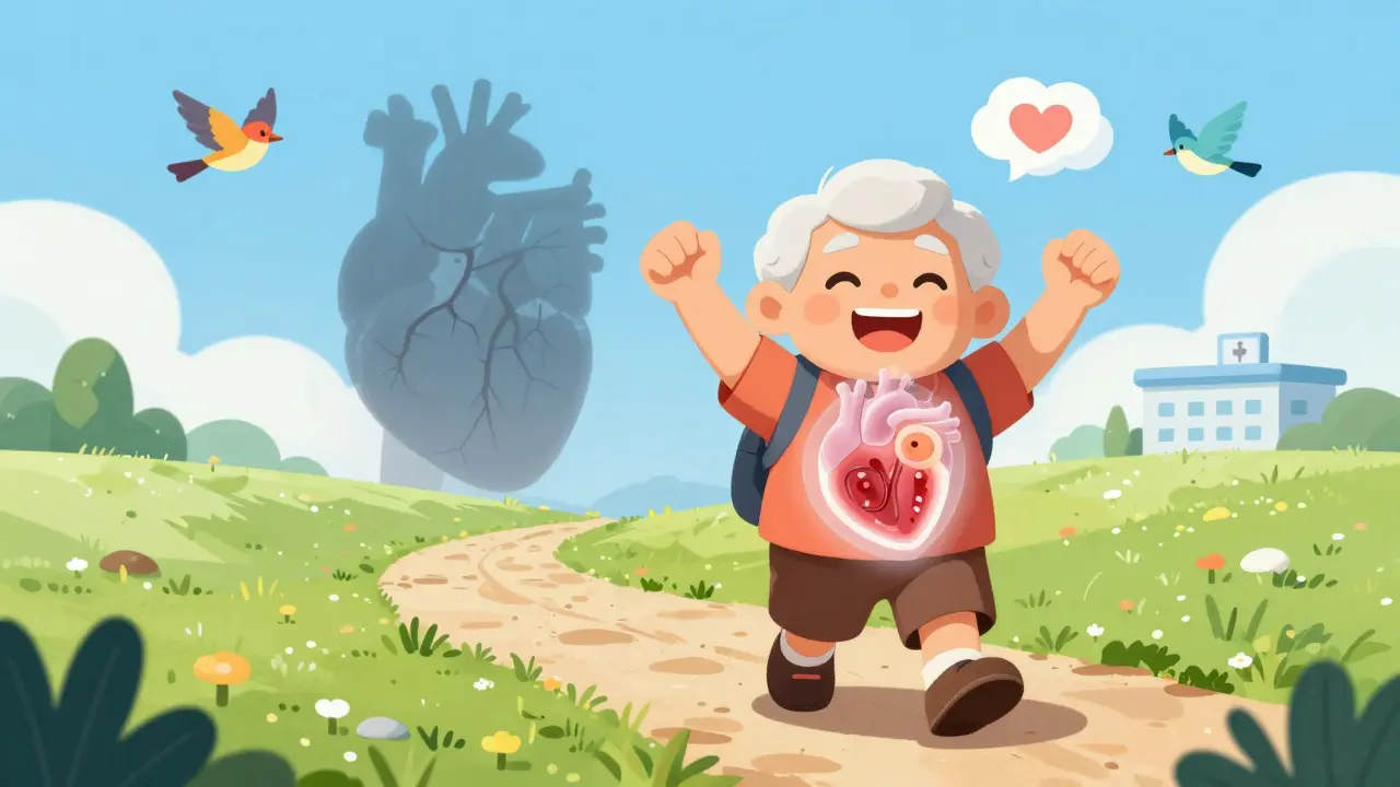 An elderly person hiking happily with a glowing replacement heart valve, symbolizing recovery after TAVR surgery.