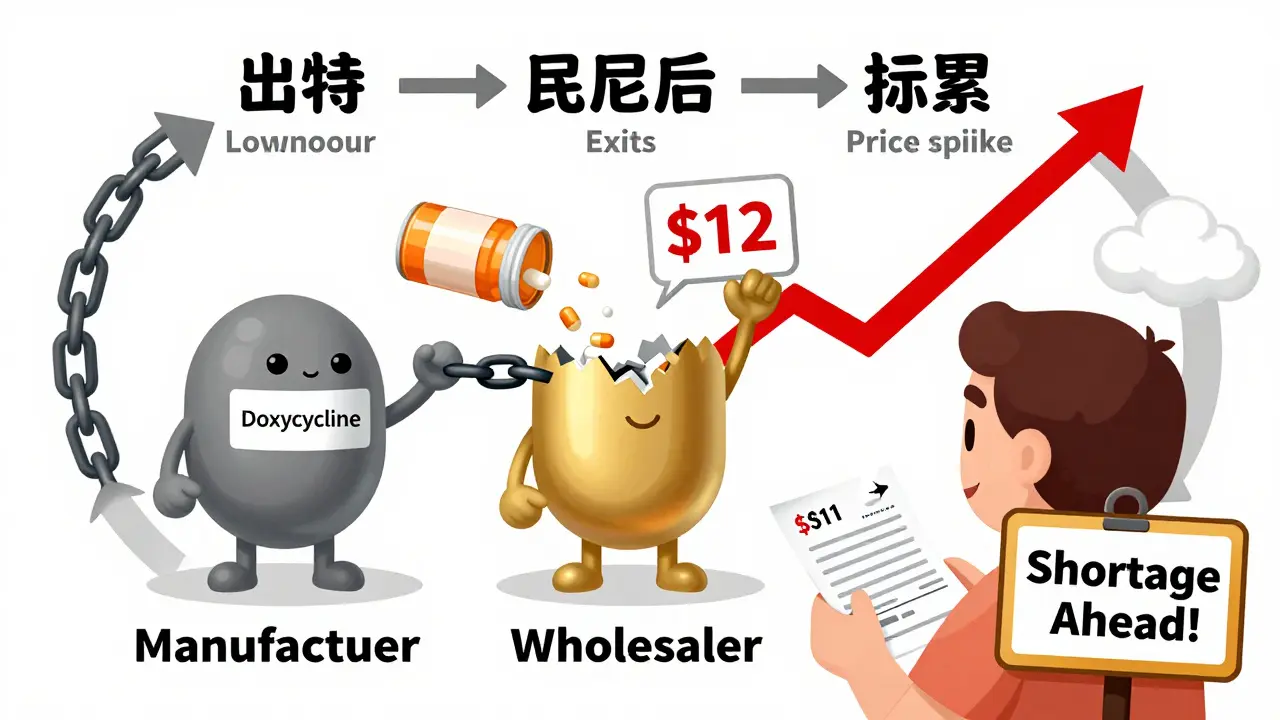 Broken supply chain showing manufacturer dropping drug, wholesaler marking up price, patient distressed.