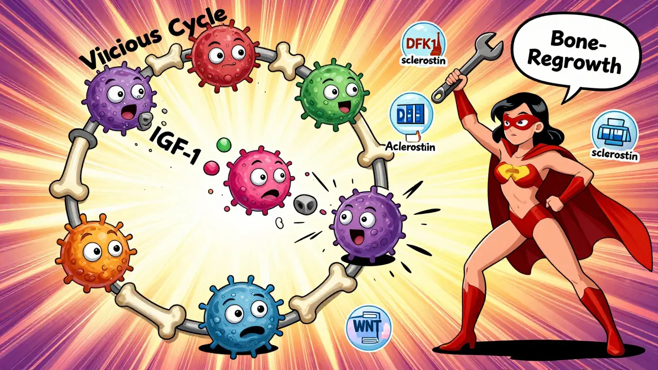Circular diagram of myeloma bone damage cycle being broken by a bone-regrowth superhero