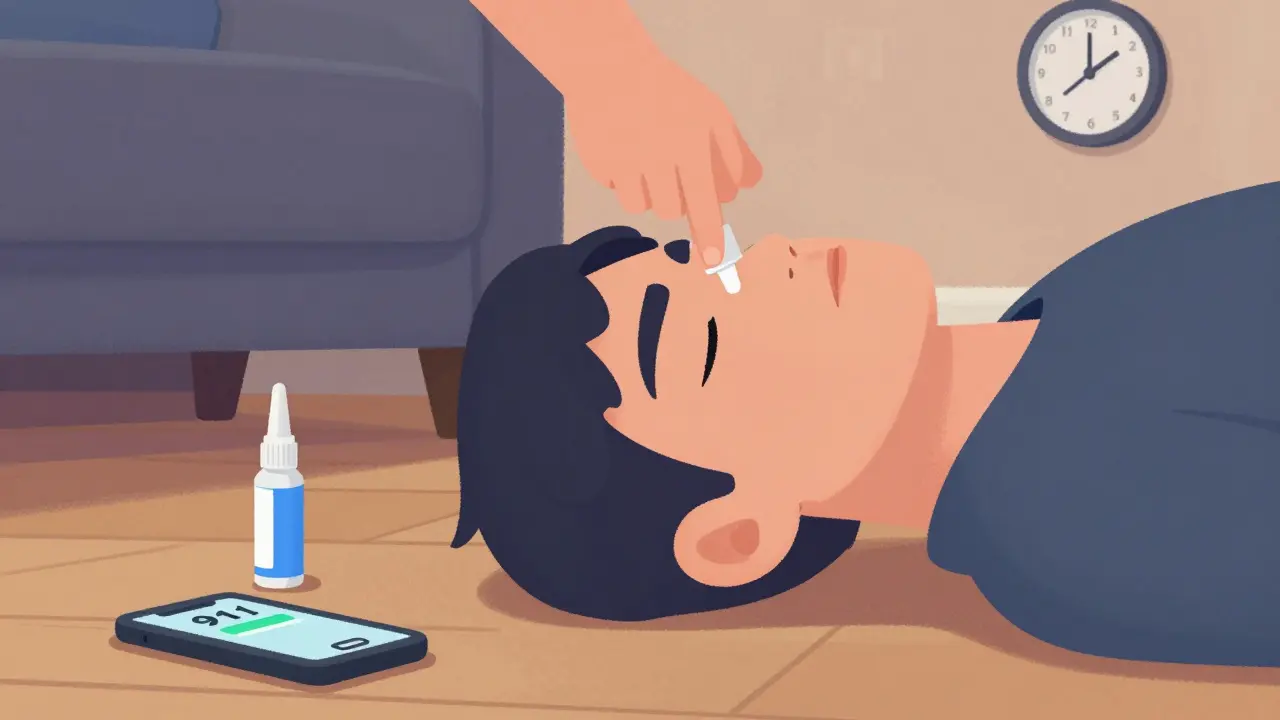 Close-up of a hand injecting naloxone into a person’s nostril during an opioid overdose, phone showing 911 nearby.