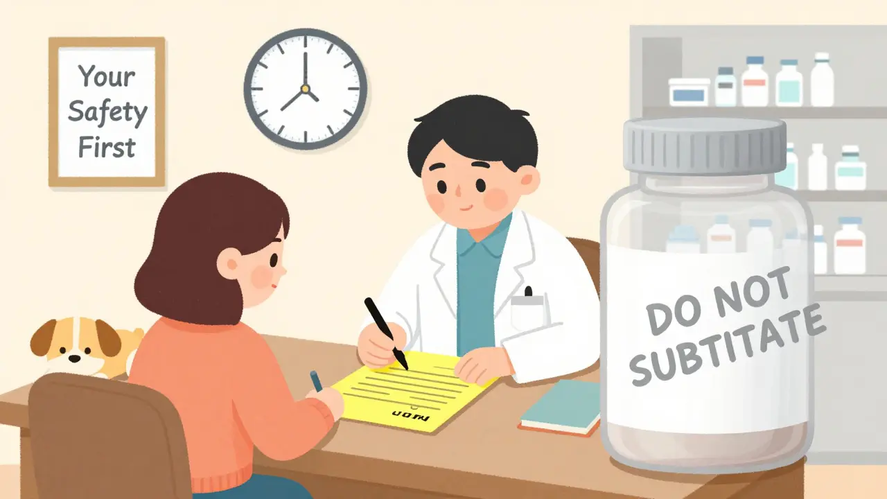 Doctor and patient signing consent form for NTI drug substitution in North Carolina.