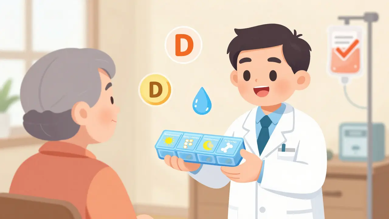 Doctor giving two-part pill organizer labeled AM and PM for bisphosphonate and calcium timing.