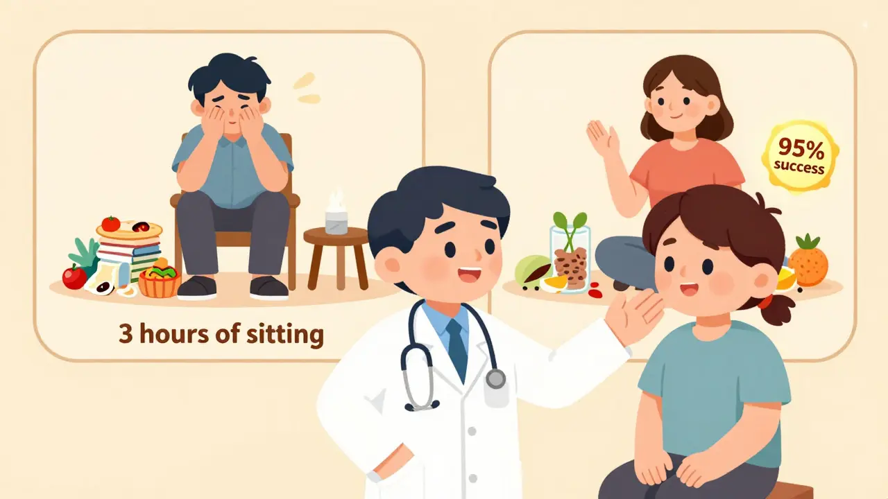 Doctor reassuring patient with contrast between unhealthy habits and healthy lifestyle changes.