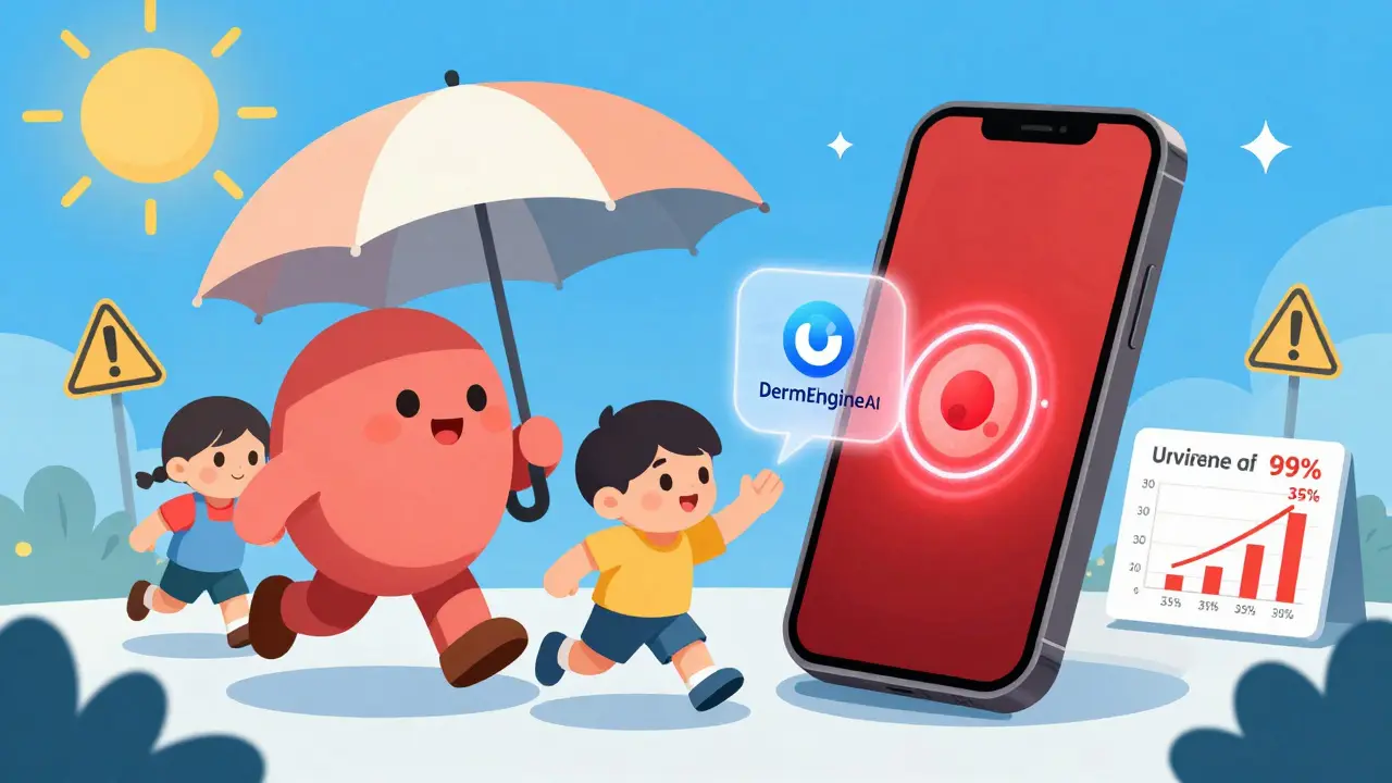 Family seeking shade as a phone alerts them to high UV levels, with AI analyzing a mole on a child's arm.