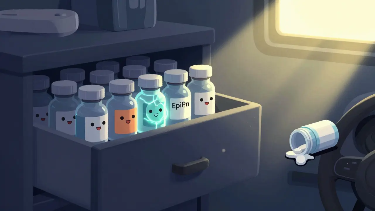 Happy medicine bottles in a cool drawer, with a fading EpiPen and a melting pill in a hot car.
