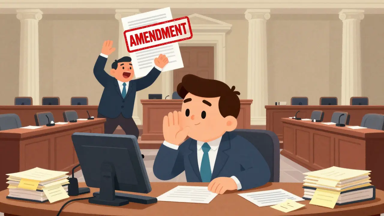 Lobbyist advising a clerk on a substitution request, while a chaotic Senate chamber looms in the background.