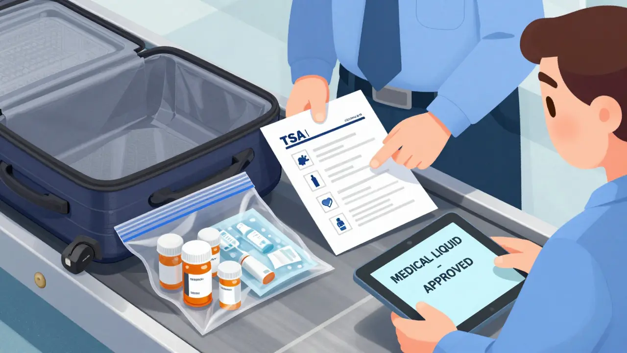 Open carry-on with prescription bottles and frozen ice pack beside a printed medication list at security.