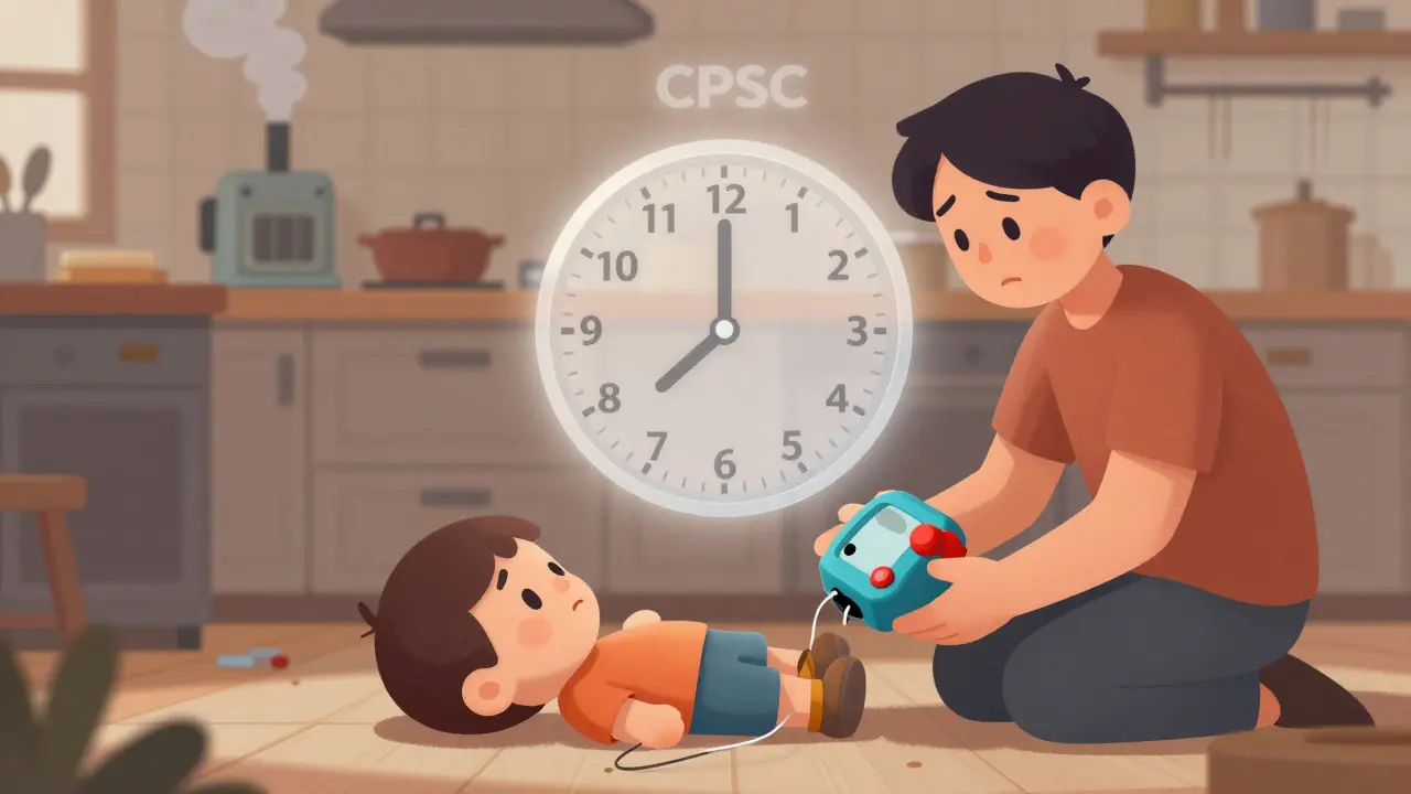 Parent holding a broken toy as a 24-hour CPSC reporting clock ticks down.